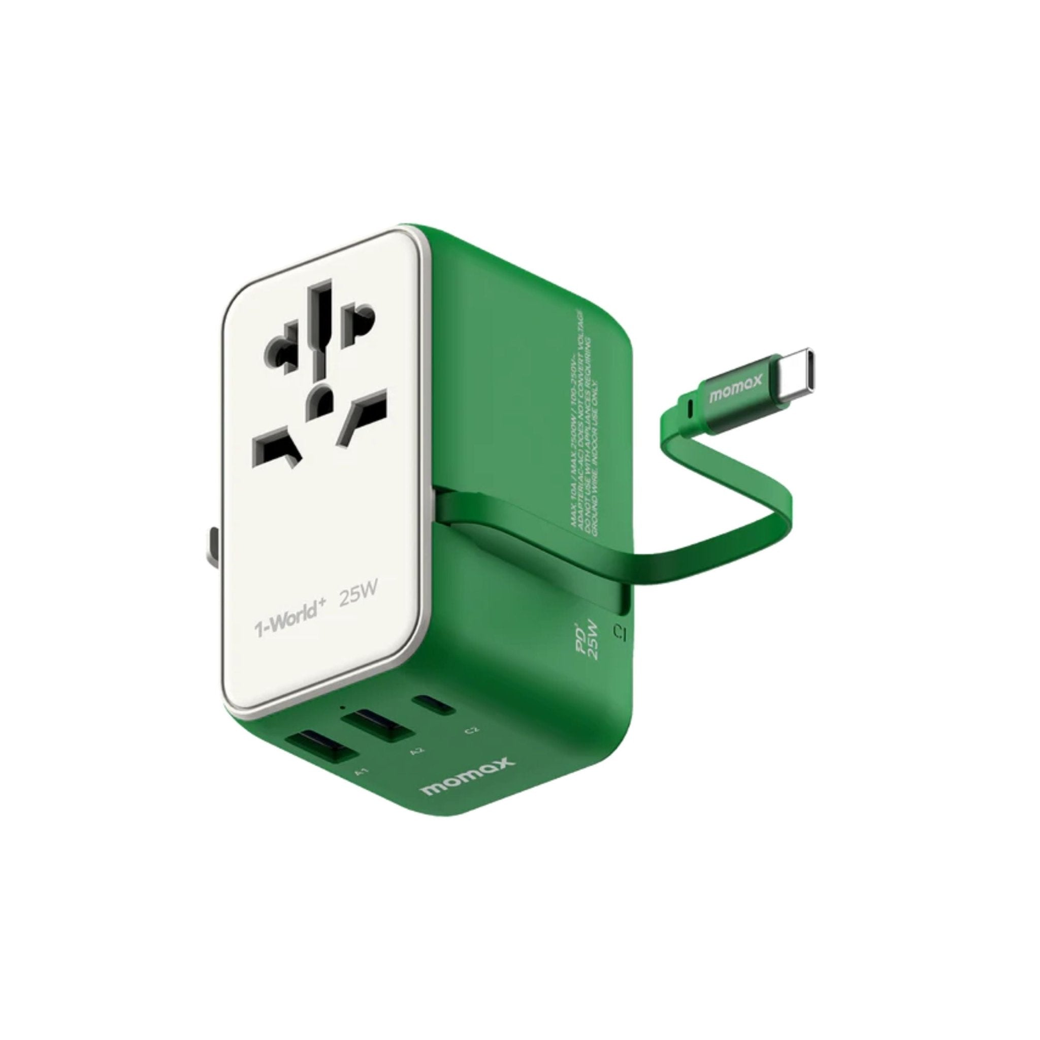 Momax 1-World PD Global Travel Fast Charging Adapter 25W 3 Port With Built-In USB-C Cable 70cm